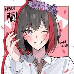 Rule 34 | 1girl, bang dream!, black hair, blush, brown necktie, clenched teeth, collared shirt, commentary request, dated, drop shadow, ear blush, falling petals, flower wreath, hand up, happy birthday, highres, long sleeves, looking at viewer, mitake ran, multicolored hair, nanami (nunnun 0410), necktie, one eye closed, petals, purple eyes, red hair, red streaks, shirt, short hair, smile, solo, streaked hair, teeth, white shirt