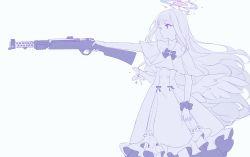 Rule 34 | 1girl, aiming, blue archive, capelet, closed mouth, dress, feathered wings, frilled dress, frills, gun, highres, holding, holding gun, holding weapon, kyuuri (miyako), limited palette, long hair, low wings, mika (blue archive), purple eyes, scrunchie, simple background, solo, very long hair, weapon, wing ornament, wings, wins, wrist scrunchie