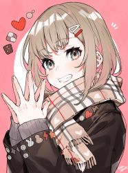 Rule 34 | 1girl, :d, argyle, argyle background, argyle clothes, black eyes, black jacket, blue eyes, blush, brown hair, brown scarf, commentary request, cookie, food, fringe trim, grin, hair ornament, hairclip, hands up, heart, highres, jacket, long sleeves, looking at viewer, mika pikazo, multicolored eyes, multicolored hair, open mouth, original, own hands together, pink eyes, pink hair, pink scarf, plaid, plaid scarf, scarf, short hair, signature, sleeves past wrists, smile, solo, spread fingers, steepled fingers, striped, teeth, two-tone hair, upper body