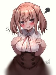 Rule 34 | 1girl, alice gear aegis, blush, breasts, brown eyes, brown hair, brown skirt, buttons, collared shirt, doyouwantto, dress shirt, fang, fingernails, flying sweatdrops, from above, hair between eyes, hands on own chest, hands up, head tilt, high-waist skirt, kimikage yui, large breasts, looking at viewer, medium hair, neck ribbon, open mouth, partially unbuttoned, pink ribbon, ribbon, see-through, shirt, sidelocks, signature, simple background, skin fang, skirt, solo, squiggle, standing, sweatdrop, twintails, wet, wet clothes, wet shirt, white background, white shirt