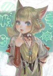 Rule 34 | 1girl, animal ears, bad id, bad pixiv id, bell, blonde hair, blue eyes, cat ears, choker, fang, final fantasy, final fantasy xiv, finger to mouth, frischenq, hair bell, hair ornament, khloe aliapoh, looking at viewer, miqo&#039;te, open mouth, short hair, solo, upper body