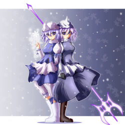 Rule 34 | 2girls, bad id, bad pixiv id, bloomers, boots, breasts, dual persona, ex letty, female focus, full body, gloves, hat, letty whiterock, light purple hair, multiple girls, polearm, purple eyes, saturnon, short hair, snow, spear, standing, touhou, trident, underwear, weapon