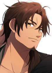 Rule 34 | 1boy, absurdres, arm behind head, arm up, belmond banderas, black shirt, brown eyes, brown hair, choco (chocovix112), closed mouth, eyebrows hidden by hair, facial hair, hair over shoulder, highres, long hair, looking at viewer, low ponytail, male focus, nijisanji, parted bangs, ponytail, shirt, simple background, solo, stubble, thick eyebrows, upper body, virtual youtuber, white background