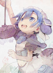 Rule 34 | 1boy, 2020, apron, bag, blue capelet, blue corset, blue eyes, blue hair, capelet, corset, frilled apron, frills, holding, holding bag, jet yowatari, light blush, looking up, made in abyss, maid, maid apron, maid headdress, male focus, maruruk, navel, open mouth, painting (medium), puffy short sleeves, puffy sleeves, short sleeves, signature, smile, solo, teeth, traditional media, trap, upper teeth only, watercolor (medium), whistle, whistle around neck, white apron, yellow pupils