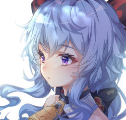 Rule 34 | 1girl, bare shoulders, bell, blue hair, bow, bowtie, commentary request, cowbell, ganyu (genshin impact), genshin impact, goat horns, guzangnanfeng, highres, horns, long hair, looking away, neck bell, purple eyes, sidelocks, solo, white background