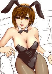 Rule 34 | 1girl, animal ears, arm support, armpits, bare shoulders, blush, bow, bowtie, breasts, brown hair, cleavage, couch, detached collar, fake animal ears, female focus, hamura mayu, large breasts, leotard, lips, lipstick, looking at viewer, makeup, meiko (vocaloid), open mouth, pantyhose, playboy bunny, rabbit ears, short hair, sitting, solo, vocaloid, wrist cuffs, yellow eyes