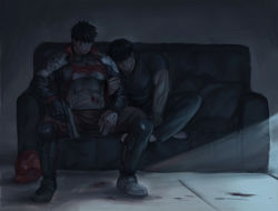 Rule 34 | 2boys, batman (series), black gloves, black hair, black jacket, black pants, black shirt, blood, blood on clothes, blood on face, brothers, closed mouth, dc comics, dick grayson, closed eyes, gloves, gun, highres, holding, holding gun, holding weapon, indian style, injury, jacket, jason todd, knee pads, large pectorals, looking at another, male focus, multiple boys, muscular, muscular male, open clothes, open jacket, pants, pectorals, shirt, short hair, siblings, single glove, sitting, sleeping, sleeping on person, smileaotic1, weapon