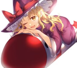 Rule 34 | 1girl, blonde hair, blurry, bow, commentary, dress, foreshortening, hat, hat bow, head rest, highres, jill 07km, kirisame marisa, kirisame marisa (pc-98), long hair, long sleeves, looking at viewer, lying, mimi-chan, on stomach, one eye closed, open mouth, own hands together, phantasmagoria of dim.dream, purple dress, purple hat, red bow, sidelocks, simple background, solo, symbol-only commentary, touhou, touhou (pc-98), white background, yellow eyes