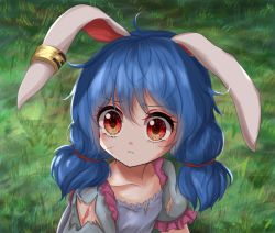Rule 34 | 1girl, animal ears, bad id, bad pixiv id, blue dress, blue hair, collarbone, cuts, derivative work, dress, earclip, grass, hair between eyes, hair ribbon, injury, kayon (touzoku), looking to the side, low twintails, meme, outdoors, parted lips, puffy short sleeves, puffy sleeves, rabbit ears, red eyes, ribbon, sailor moon redraw challenge (meme), seiran (touhou), short hair, short sleeves, solo, tears, torn clothes, touhou, twintails, upper body