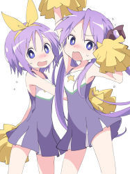 Rule 34 | 2girls, arm up, blue eyes, blush, cheerleader, hairband, hiiragi kagami, hiiragi tsukasa, holding, holding pom poms, ixy, long hair, looking at viewer, lucky star, multiple girls, open mouth, pom pom (cheerleading), purple hair, short hair, siblings, simple background, sisters, sleeveless, twins, twintails, white background, yellow hairband