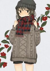 Rule 34 | 1girl, black eyes, black hair, black shorts, floral background, flower, flower request, fujitoma, grey sweater, hands up, highres, knit hat, long sleeves, looking at viewer, original, plaid, plaid scarf, red flower, scarf, shorts, simple background, solo, standing, sweater