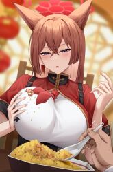 Rule 34 | 1boy, 1girl, absurdres, animal ears, blue archive, blurry, blurry background, blush, breasts, brown hair, capelet, chair, chien zero, food, fried rice, hair between eyes, highres, holding, holding spoon, indoors, large breasts, long hair, open mouth, purple eyes, red capelet, rumi (blue archive), shrimp, spoon, tagme, upper body