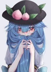 Rule 34 | 1girl, black hat, blouse, blue hair, food, fruit, grey background, hat, highres, hinanawi tenshi, holding, holding own hair, long hair, looking at viewer, peach, red eyes, shirt, simple background, solo, touhou, tsune (tune), white shirt