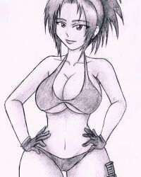 1girl bikini breasts cameltoe curvy eroticfanart female_focus gloves large_breasts leather leona_heidern long_hair looking_at_viewer pale_skin ponytail standing striderokami striderokami_art swimsuit the_king_of_fighters thick_thighs thighs underboob wide_hips