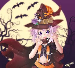 Rule 34 | 1girl, absurdres, alternate costume, bat (animal), black cape, blush, cape, claw pose, commentary, crop top, d-pad, eriksonix, fangs, flower, food, full moon, hair between eyes, halloween, halloween costume, hands up, hat, hat belt, hat flower, hat ribbon, heart, heart-shaped pupils, highres, looking at viewer, medium hair, midriff, moon, navel, neptune (neptunia), neptune (series), outdoors, pudding, purple flower, ribbon, signature, skull, solo, suspenders, symbol-shaped pupils, tree, vampire, witch, witch hat