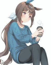 Rule 34 | 1girl, admire vega (umamusume), animal ears, black pants, blue sweater, blush, brown hair, cup, feet out of frame, highres, holding, holding cup, horse ears, horse girl, horse tail, jewelry, long hair, looking at viewer, necklace, oshage (osyage921), pants, ponytail, purple eyes, signature, simple background, sitting, solo, sweater, tail, umamusume, white background