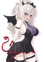 Rule 34 | 1girl, arms behind back, bare shoulders, black dress, blush, box, braid, breasts, colored skin, demon girl, demon horns, demon tail, demon wings, dress, fate/grand order, fate (series), french braid, gift, gift box, grey eyes, highres, horns, kriemhild (fate), large breasts, long hair, looking at viewer, mole, mole under eye, onsoku inu, open mouth, pale skin, ponytail, sketch, solo, tail, thick thighs, thighhighs, thighs, white hair, white skin, wings
