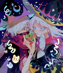 Rule 34 | 1boy, 1girl, black cloak, black hat, blood, bow, cloak, confetti, cookie run, cream puff cookie, crescent print, hand up, hat, long hair, looking at viewer, official alternate costume, open mouth, pink blood, pink scarf, sapphire (nine), scarf, very long hair, white bow, white hair, witch, witch hat, wizard cookie, wizard hat