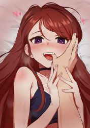 Rule 34 | 1boy, 1girl, absurdres, aikatsu!, aikatsu! (series), arm grab, bed sheet, blush, choker, finger in another&#039;s mouth, hair between eyes, heart, heart in eye, hetero, highres, long hair, looking at viewer, lying, on back, open mouth, osame, pov, pov hands, purple eyes, red hair, shibuki ran, solo focus, symbol in eye, teeth, tongue, tongue out, upper teeth only