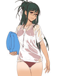 Rule 34 | 1girl, female focus, glasses, green hair, ino (magloid), kisaragi rei, otome function, see-through, shirt, simple background, solo, swimsuit, swimsuit under clothes, wet, wet clothes, wet shirt, whistle