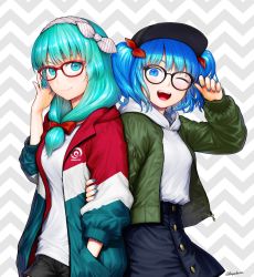 Rule 34 | 2girls, ;d, adjusting eyewear, alternate costume, aqua eyes, aqua hair, artist name, black-framed eyewear, black headwear, black shorts, blue eyes, blue hair, blue nails, blue skirt, blush, bow, buttons, casual, closed mouth, clothes writing, commentary request, contemporary, front ponytail, glasses, green jacket, grey background, hair bow, hair ribbon, hairband, hand in pocket, hand up, hat, highres, holding another&#039;s arm, hood, hood down, hoodie, jacket, kageharu, kagiyama hina, kawashiro nitori, key, long hair, long sleeves, looking at viewer, multiple girls, nail polish, one eye closed, open mouth, red-framed eyewear, red bow, red ribbon, ribbon, shirt, short hair, short shorts, shorts, skirt, smile, striped ribbon, touhou, twitter username, two-tone background, two side up, unzipped, white shirt