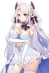 Rule 34 | 1girl, absurdres, antenna hair, azur lane, bare shoulders, breasts, bridal gauntlets, bridal veil, closed mouth, commentary request, dress, garter straps, headgear, highres, korean commentary, large breasts, lillly, long hair, looking at viewer, mixed-language commentary, multicolored hair, navel, orange eyes, prinz eugen (azur lane), prinz eugen (symphonic fate) (azur lane), red hair, see-through, simple background, smile, solo, standing, streaked hair, swept bangs, thighhighs, thighs, two side up, veil, very long hair, wedding dress, white background, white dress, white hair, white thighhighs
