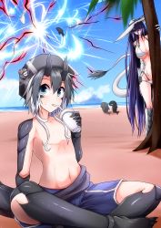 Rule 34 | 1boy, 1girl, arm support, bare shoulders, battle, beach, bikini, black hair, black headwear, blue eyes, blue male swimwear, blue shorts, blue sky, blue swim trunks, blush, breasts, cleavage, cloud, collarbone, commentary request, cup, day, disposable cup, dragon boy, dragon girl, dragon horns, dragon tail, drinking straw, drinking straw in mouth, full body, g (genesis1556), hair between eyes, hair over one eye, hasshaku-sama, hat, hiding, highres, holding, holding cup, horns, indian style, knit hat, large breasts, long hair, looking at viewer, male swimwear, monster girl, multicolored hair, navel, ocean, orca, original, outdoors, palm tree, purple hair, rio (g (genesis1556)), shadow, shark, short hair, shorts, sidelocks, sitting, sky, solo focus, standing, stomach, sun hat, sweat, swim trunks, swimsuit, tail, tree, two-tone hair, very long hair, whale, white bikini, white hair, white headwear, white whale