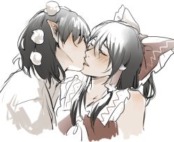 Rule 34 | 2girls, aihara-rina, ascot, black hair, blush, bow, collared shirt, couple, frilled bow, frilled hair tubes, frills, hair bow, hair tubes, hakurei reimu, hat, japanese clothes, kiss, medium hair, miko, multiple girls, neckwear request, nontraditional miko, pointy ears, pom pom (clothes), ponytail, red bow, red shirt, shameimaru aya, shirt, short hair, sidelocks, sleeveless, tagme, tokin hat, touhou, white shirt