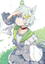 1girl animal_ears blue_eyes blush choker commentary_request ear_covers flower grey_hair hair_flower hair_ornament hairclip highres horse_ears horse_girl horse_tail long_sleeves looking_up open_mouth seiun_sky_(umamusume) short_hair single_ear_cover solo sunflower sunflower_hair_ornament tail totomono umamusume