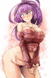 Rule 34 | 1girl, alternate costume, alternate hairstyle, bad id, bad pixiv id, belly, bespectacled, blush, breasts, cleavage, collarbone, colored pubic hair, cowboy shot, female pubic hair, fingers together, glasses, gradient background, huge breasts, jewelry, long hair, looking at viewer, nail polish, naked sweater, necklace, pink nails, plump, ponytail, pubic hair, purple hair, semi-rimless eyewear, short hair, smile, solo, standing, sweater, thighs, touhou, under-rim eyewear, wide hips, yasaka kanako, yohane