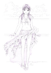 Rule 34 | 1girl, bikini, bracelet, front-tie top, jewelry, long hair, looking at viewer, monochrome, necklace, original, pendant, sandals, sarong, sketch, solo, swimsuit, traditional media, yoshitomi akihito
