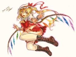 Rule 34 | 1girl, artist name, ascot, blonde hair, blush, boots, character name, cross-laced footwear, fangs, flandre scarlet, freeze-ex, full body, hat, lace-up boots, looking at viewer, marker (medium), open mouth, pink background, red eyes, side ponytail, simple background, skirt, smile, solo, thighhighs, thighs, touhou, traditional media, white thighhighs, wings, wrist cuffs