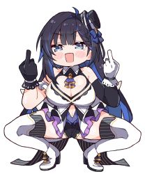 Rule 34 | 1girl, bare shoulders, black gloves, black hair, blue eyes, blue hair, braid, braided bangs, breasts, cleavage, cleavage cutout, clothing cutout, commentary, double middle finger, english commentary, full body, gloves, heart cutout, highres, kson, kukie-nyan, large breasts, long hair, looking at viewer, middle finger, mole, mole under eye, multicolored hair, navel, open mouth, solo, souchou, spread legs, squatting, thighhighs, virtual youtuber, vshojo, vshojo idol uniform, white gloves, white thighhighs