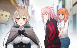 Rule 34 | 3girls, bad id, bad twitter id, braid, brown eyes, brown hair, distracted boyfriend (meme), earrings, feather earrings, feathers, friend (nanashi mumei), hat, high ponytail, highres, holocouncil, hololive, hololive english, holomyth, jacket, jewelry, long hair, looking at another, meme, mori calliope, mori calliope (streetwear), multicolored hair, multiple girls, nanashi mumei, nanashi mumei (1st costume), orange hair, pink hair, ponytail, shorts, shuuzo3, smile, standing, takanashi kiara, takanashi kiara (casual), twitter username, virtual youtuber, yuri