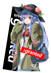 Rule 34 | 1girl, backpack, bag, black hat, blue hair, blue skirt, blush, bow, bowtie, coat, commentary request, cowboy shot, food, fruit, grey coat, hair between eyes, hands up, hat, highres, hinanawi tenshi, leaf, long hair, long sleeves, looking at viewer, open clothes, open coat, open mouth, peach, red bow, red bowtie, red eyes, shirt, sidelocks, simple background, skirt, smile, solo, tetsurou (fe+), touhou, very long hair, white background, white shirt, wing collar, zipper