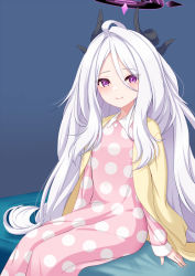 Rule 34 | 1girl, arm support, bed, bed sheet, blue archive, commentary request, demon girl, demon horns, eyes visible through hair, hair between eyes, halo, highres, hina (blue archive), hina (pajamas) (blue archive), horns, long hair, long sleeves, looking at viewer, official alternate costume, pajamas, pink pajamas, polka dot, polka dot pajamas, purple eyes, sidelocks, simple background, sitting, smile, solo, white hair, yoiyami mutsuki