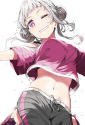 Rule 34 | 1girl, arashi chisato, black pants, breasts, double bun, from below, hair bun, highres, looking at viewer, love live!, love live! superstar!!, medium breasts, medium hair, midriff, navel, nyoijizai, one eye closed, pants, pink eyes, pink footwear, pink shirt, shirt, shoes, short sleeves, smile, solo, twintails, upper body, white background, white hair