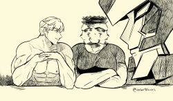 Rule 34 | 2boys, afterimage, ao isami, arm on table, bara, bravern, confused, facial hair, faux traditional media, large pectorals, lewis smith, looking at another, looking to the side, male focus, mecha, medium sideburns, multiple boys, muscular, muscular male, nipples, parody, pectorals, robot, short hair, sideburns stubble, simple background, smile, spinning head, stubble, super robot, the weaker sex 1 (gibson), thick eyebrows, upper body, yamitoxxxxx, yaoi, yuuki bakuhatsu bang bravern