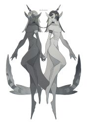 Rule 34 | 2girls, arm garter, black hair, bright pupils, chain, chained, collar, colored inner hair, colored skin, fingernails, fins, fish tail, full body, gills, green eyes, grey hair, grey skin, hair over eyes, head fins, highres, holding, holding hands, horns, leg up, looking at viewer, metal collar, monster girl, multicolored hair, multiple girls, no feet, no sclera, original, ruteko (ruko220), scales, sharp fingernails, signature, simple background, single horn, tail, webbed hands, white background, white pupils