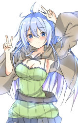 Rule 34 | 1girl, blue eyes, blue hair, blue skirt, blush, breasts, brown cape, cape, cleavage, commentary, dot nose, duel monster, eria the water charmer, eyes visible through hair, green shirt, highres, long hair, looking at viewer, medium breasts, raion (inoueraion), shirt, simple background, skirt, solo, v, white background, yu-gi-oh!