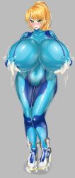 Rule 34 | 1girl, absurdres, blonde hair, breasts, female focus, gigantic breasts, grey background, highres, lactation, lactation through clothes, metroid, nintendo, samus aran, shiny clothes, shiny skin, solo, stain goat, standing, thick thighs, thighs, wide hips