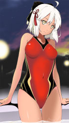 Rule 34 | 1girl, ahoge, arm support, black bow, blurry, blurry background, bow, breasts, breasts apart, closed mouth, collarbone, competition swimsuit, covered navel, cowboy shot, fate/grand order, fate (series), hair between eyes, hair bow, hair ribbon, head tilt, looking at viewer, medium breasts, night, night sky, okita souji (fate), okita souji alter (fate), okita souji alter (first ascension) (fate), one-piece swimsuit, outdoors, red one-piece swimsuit, red ribbon, ribbon, short hair, silver hair, sky, solo, swimsuit, thigh gap, wading, yellow eyes, yoshinaga yunosuke