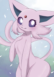 Rule 34 | 1girl, absurdres, blush, colored sclera, creatures (company), espeon, eyelashes, forehead jewel, forked tail, furry, furry female, game freak, gen 2 pokemon, highres, nintendo, pokemon, pokemon (creature), purple fur, purple sclera, smile, solo, tail, white eyes