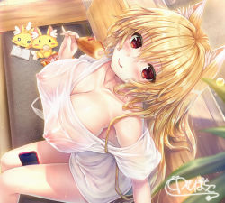 Rule 34 | 1girl, animal ear fluff, animal ears, artist request, bench, between legs, blonde hair, blush, breasts, cat ears, cellphone, collarbone, commentary request, covered erect nipples, eating, food, fox ears, hair between eyes, hair over shoulder, holding, holding food, kurenai anzu, large breasts, long hair, looking at viewer, looking up, nipples, no bra, original, phone, red eyes, see-through, shirt, short sleeves, signature, sitting, smile, solo, tongue, tongue out, unohana pochiko, white shirt