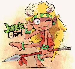 Rule 34 | :p, barefoot, dress, earrings, fang, feet, genderswap, genderswap (mtf), headband, holding, holding spear, holding weapon, horns, jewelry, jungle kurobee, kiichi, kurobee (jungle kurobee), long hair, looking at viewer, messy hair, one eye closed, polearm, smile, spear, tiptoes, toes, tongue, tongue out, tribal, weapon