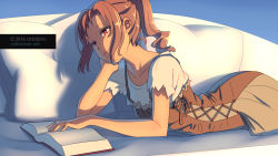 Rule 34 | 1girl, anime coloring, artist name, book, brown hair, chibiibiru, couch, dress, lying, on stomach, open book, original, ponytail, reading, red eyes, solo, watermark, web address