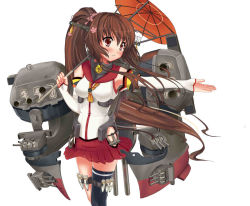 Rule 34 | 10s, 1girl, asymmetrical legwear, bad id, bad pixiv id, blush, breasts, brown eyes, brown hair, detached sleeves, flower, flower on head, hair flower, hair ornament, holding, kantai collection, long hair, machinery, medium breasts, pleated skirt, ponytail, sakuranoyukke, simple background, skirt, smile, solo, turret, umbrella, uneven legwear, white background, yamato (kancolle)