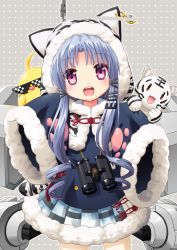 Rule 34 | 1girl, :d, animal, animal ears, animal hood, animal on shoulder, animal print, azur lane, binoculars, bird, blue coat, blue hair, blush, buttons, capelet, cat ears, cat hood, censored, chang chun (azur lane), chick, coat, cowboy shot, deal with it (meme), dot nose, drill hair, earrings, eyebrows, eyelashes, eyes visible through hair, facing viewer, fur trim, hair intakes, hair ornament, hood, hood up, hooded capelet, jewelry, legs apart, long hair, long sleeves, looking at viewer, machinery, meme, miniskirt, open mouth, outline, paw print, pink eyes, polka dot, polka dot background, red star, s nyaau, short hair with long locks, single earring, skirt, sleeves past wrists, smile, solo, standing, star (symbol), sunglasses, teeth, tiger, tiger print, tongue, white tiger, wide sleeves