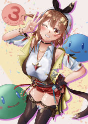 Rule 34 | 1girl, absurdres, atelier (series), atelier ryza, atelier ryza 3, bare shoulders, belt, braid, breast pocket, breasts, brown belt, brown hair, brown thighhighs, brown vest, choker, cleavage, clover hair ornament, collared shirt, crown braid, detached sleeves, gloves, hair ornament, hand on own hip, highres, jacket, jewelry, micro shorts, momurya, necklace, one eye closed, pendant, pocket, pouch, red shorts, reisalin stout, shirt, short shorts, short sleeves, shorts, single glove, sleeveless, sleeveless jacket, star (symbol), star choker, star necklace, teeth, thigh pouch, thighhighs, thighs, vest, white headwear, x hair ornament, yellow jacket