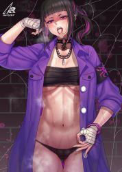 Rule 34 | 1girl, after fellatio, black hair, black panties, breasts, cameltoe, chain, chain necklace, choker, cleavage, cum, cum in mouth, gluteal fold, gonster, han juri, highres, jacket, jewelry, looking at viewer, multicolored hair, navel, necklace, no pants, official alternate costume, open mouth, panties, ponytail, purple hair, purple jacket, sarashi, solo, spiked choker, spikes, stomach, stray pubic hair, street fighter, street fighter v, sweat, thigh gap, toned, tongue, tongue out, two-tone hair, underwear
